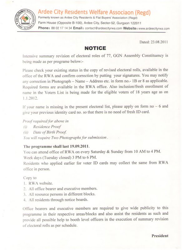 Electoral List for Ardee City Residents at RWA Office