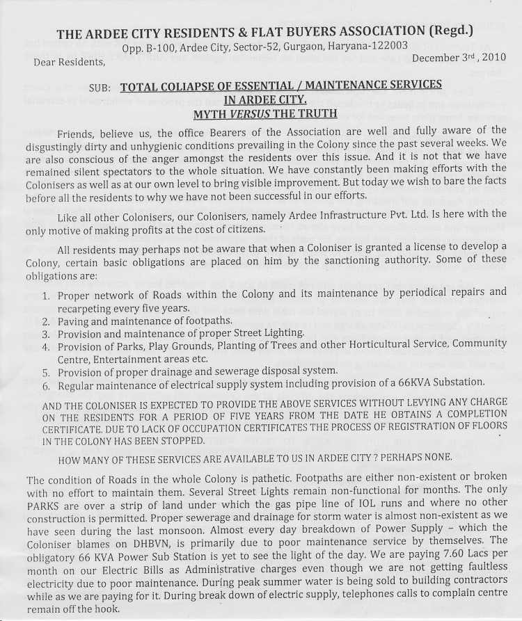 Total Collapse of Essential & Maintenance Service in Ardee City - MYTH VS TRUTH