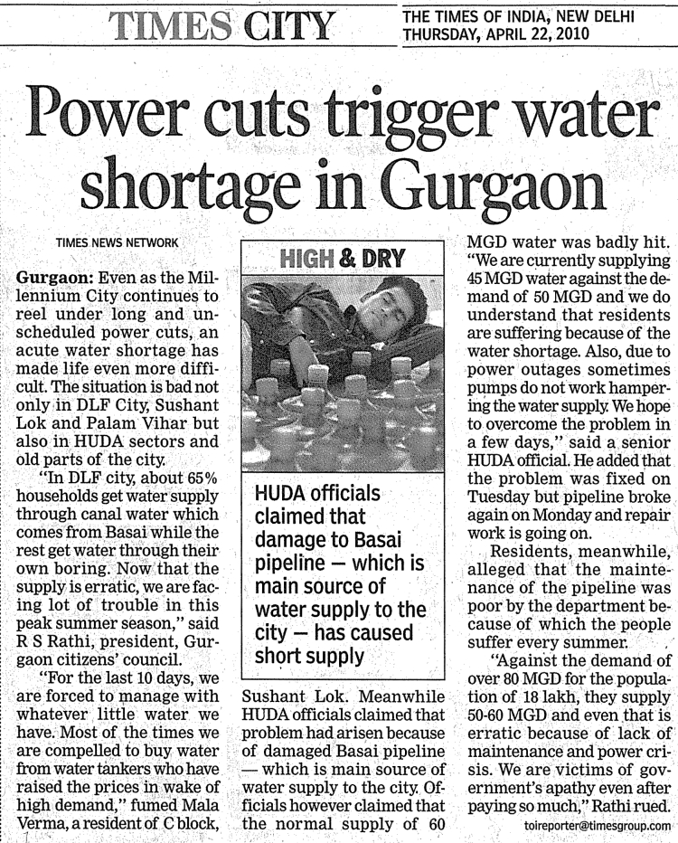 Power Cuts Trigger Water Shortage in Gurgaon Power Cuts Trigger Water Shortage in Gurgaon